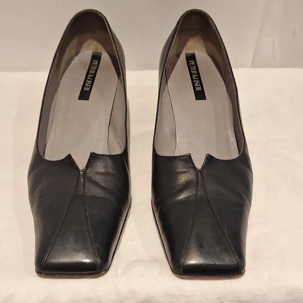 Peter Kaiser Black Block Heel Square Toe Leather Pumps